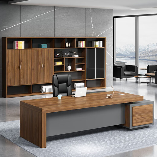 Grid wood boss desk executive desk office desk and chair combination simple modern president desk manager desk supervisor desk fashionable computer desk walnut color left cabinet 2.6*0.9 meters boss table + boss chair