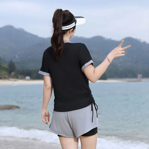 Überwachung 2025 Neue Bauchabdeckungen der Studentin von Swimsuit Student und sehen schlank und konservativer Badeanzug Sporty Style Zweiköpfiger Sonnenschutz Badeanzug 6167 Schwarz mit grauem XL [105-120jin [Jin entspricht 0,5 kg]]