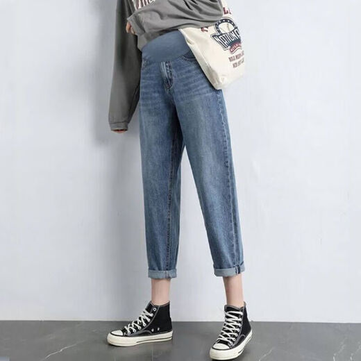 Mokpble-Jeans für schwangere Frauen im Frühjahr und Herbst lose geradlinige Vaterschaftsbasis neun-Punkte-Schwangerinnen mit kleinen Bauchunterstützung Dad Hosen außerhalb von Blau M schlägt 90-110jin auf [Jin ist 0,5 kg]
