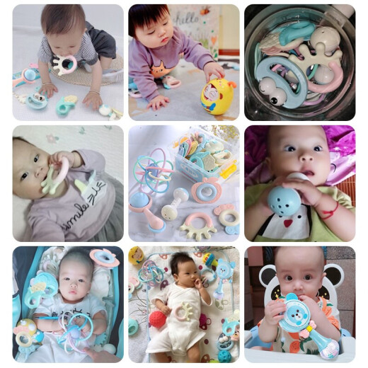 Baby toys 0-1 years old hand rattle newborn full moon toys 3-6-8 months baby toys 368 10 month Manhattan ball toddlers can bite and comfort teether gift box early education can boil teether rattle 13-piece set + hand, Catching the ball + tumbler + wave drum