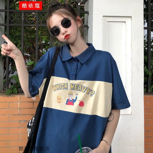 Lapel T-shirt women's loose Korean style student girl high school junior high school girl short-sleeved summer clothes Harajuku style retro Hong Kong style middle school student summer fashion hot weather POLO shirt top green one size