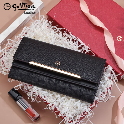 Goldlion Wallet Women's Long Genuine Leather Women's Tri-fold Wallet Cowhide Bag Fashion Clutch Mobile Phone Bag Large Capacity Clutch Black with Plum Red Officially Authorized - One fake will be fined ten