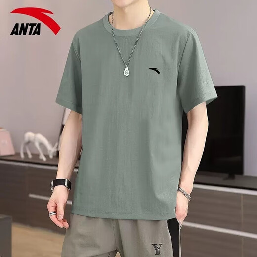安踏（ANTA）冰丝速干短袖t恤男2025春夏季男士凉爽透气弹力跑步健身运动服饰 豆灰色【冰丝速干】 XL /180 适合140-160斤