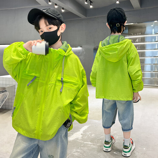 G.DUCKKIDS children's clothing, boys' sun protection clothing, anti-UV summer new children's skin clothing, thin ice silk, medium and large children's sun protection clothing 1555 fluorescent green aogqqso 160 size 13~14 years old 150-160cm