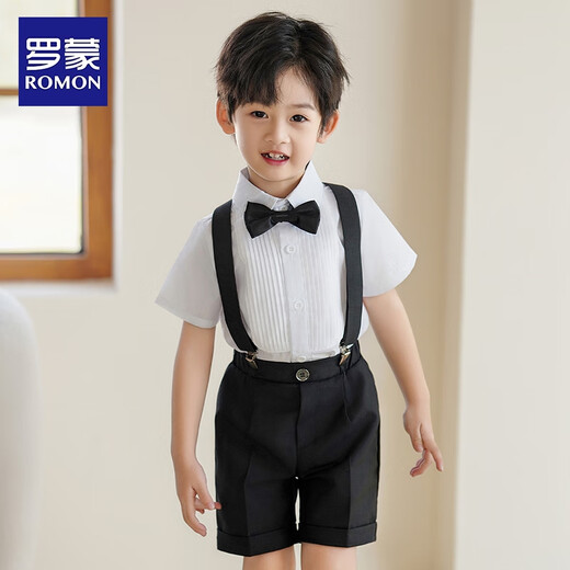 
Romon boys dress baby suit little host suit piano performance boys birthday strap suit four-piece set: shirt + shorts + strap + bow tie 130