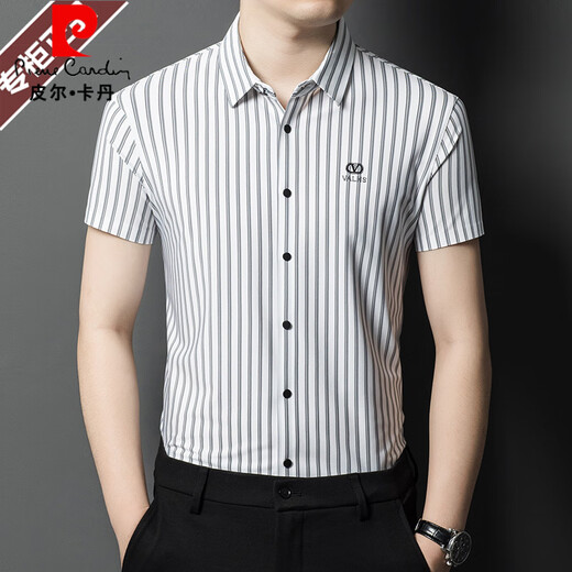 Pierre Cardin chemise haut de gamme à manches courtes pour hommes en soie de mûrier 2025 nouveau business casual sans repassage chemise à manches mi-longues à rayures verticales d'âge moyen pour hommes vert foncé rayures verticales 9928 rayures verticales longueur M 165 recommandé 100-120 Jin Jin équivaut à 0,5 kg