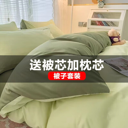 Yalu quilt full set of silk cotton air conditioner quilt four-piece set for double spring and autumn quilt core winter quilt student single quilt mint green + pine green 200x230 quilt cover + 7Jin [Jin equals 0.5 kg] quilt core