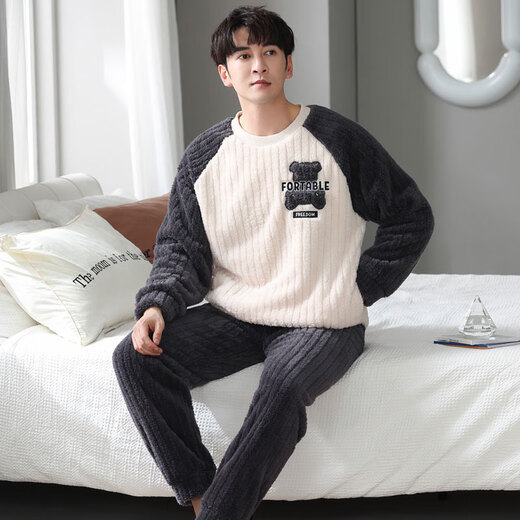 Modal coral velvet couple pajamas winter plus velvet thickening new cartoon men and women can wear home clothes suit L3221 love pullover velvet M female + male L