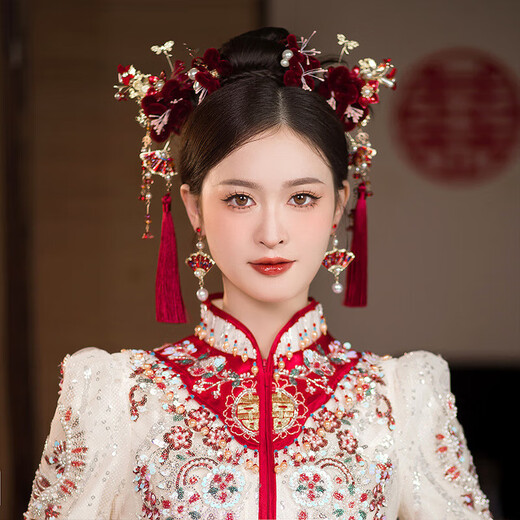 Wanbaozi Bridal Jewelry Chinese Xiuhe Clothing Headwear Ancient Style Red Velvet Flower Tassel Wedding Jewelry Toast Clothing Accessories Red Five-piece Set Headwear + Ear Clips