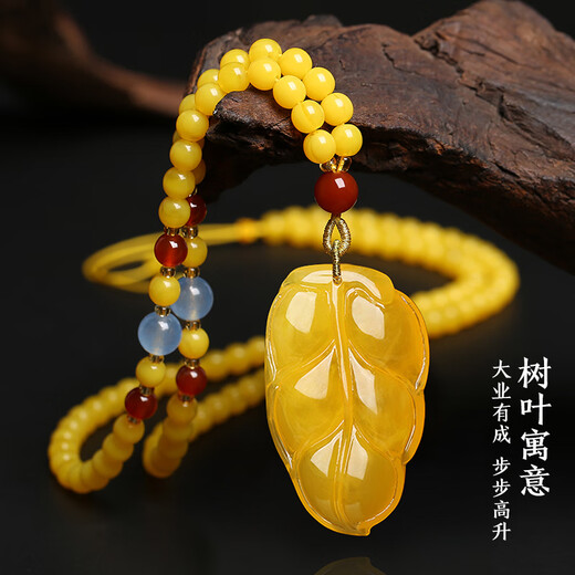 DRJEFUN with certificate natural old beeswax Dragon and Phoenix brand pendant women's necklace Wushi brand amber peony Pixiu sweater chain couple Ruyi gourd pendant + gold 0 carat silk thread bead chain