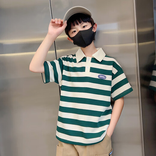 
McTicco boys summer suit new children's summer sports polo short-sleeved pants fashionable and handsome big boy boy 9850 green stripes + 5798 khaki 140