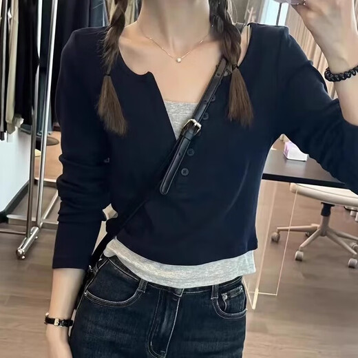 Yu Zhaolin 2025 spring and autumn new product fake two-piece bottoming shirt for women with contrasting color V-neck American slim long-sleeved T-shirt top