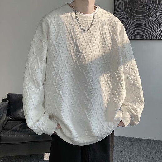 POUM trendy brand high-end sweatshirt men's autumn long-sleeved T-shirt teenagers round neck inner layering shirt loose casual jacket KPWP-T2386 white XL
