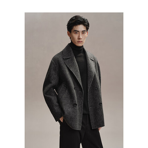 Peacebird Men's Woolen Coat Men's Winter Loose Short Casual and Polyvyle Texture Grey Dark Grey M
