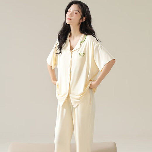 猫人莫代尔睡衣女春夏开衫短袖长裤大码女士薄款家居服套装可外穿 12111 L( 建议体重100-110斤)