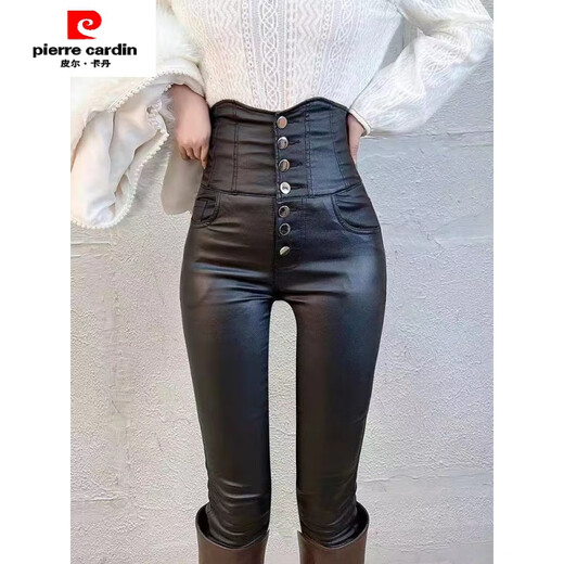 皮尔卡丹（pierre cardin）加绒显瘦时髦拉链机车仿皮裤女冬新款韩版高腰修身百搭小脚裤 腿拉链皮裤【9928款】 加绒 S 【80-95斤】卡码往大拍