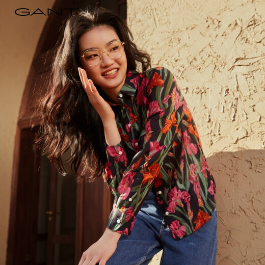 GANT/甘特春夏女士美式复古优雅风宽松花卉桑蚕丝混纺长袖衬衫 723淡黄色 36