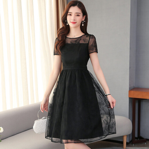 JOYOFJOY summer women's holiday Korean style temperament mesh women's mid-length slim popular skirt women's short-sleeved dress female JWQZ203561 black L