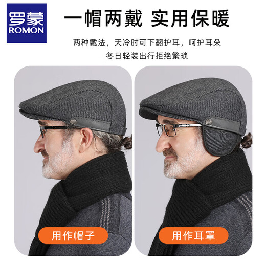 Romon wool hat men's autumn and winter ear protection duck bill forward hat for dad and elders large size windproof and cold protection thickening