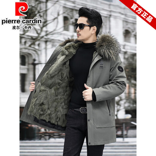 Pierre Cardin Parker Men's 2025 New Winter Fox Fur Liner Fur Integrated Mid-Length Mink Fur Jacket Green Shell + Khaki Fox Fur Liner <Real Fur Integrated> M 90Jin Jin equals 0.5kg -110Jin Jin equals 0.5kg