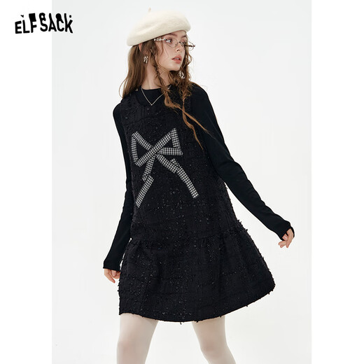 Fairy's Pocket Black Sequined Bottoming Shirt Tank Top Two-piece Set Women's 2025 Winter New Stunning Suit Bow Black S