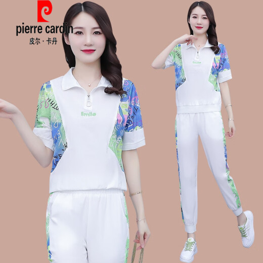 皮尔卡丹（pierre cardin）冰|丝短袖休闲套装女2025年夏季新款宽松时尚减龄跑步运动服两件 (1389)白色 M (建议100斤以下)