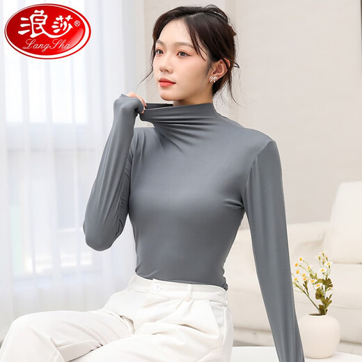 Langsha bottoming shirt for women autumn and winter half turtleneck 2023 new solid color versatile long-sleeved mid-collar top with knitted sweater inside smoke gray one size fits all 80Jin Jin equals 0.5kg -150Jin Jin equals 0.5kg