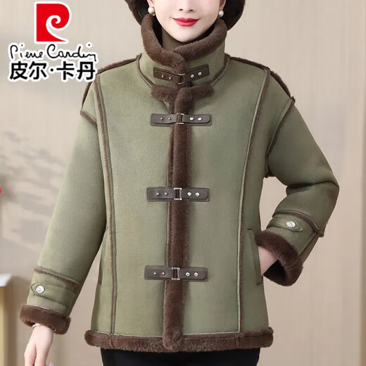 皮尔卡丹（pierre cardin）妈妈冬装加绒加厚皮毛一体短款外套女中老年女装羊羔鹿皮绒机车服 咖色 XL 建议90-110斤