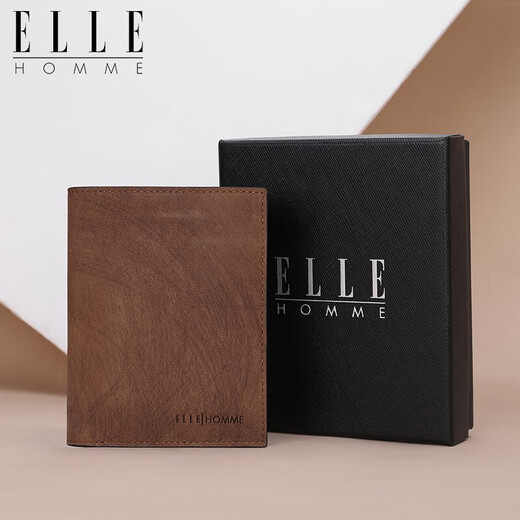ELLE HOMME 钱包竖款头层牛皮多卡位复古两折票夹0330 生日礼物送爸爸