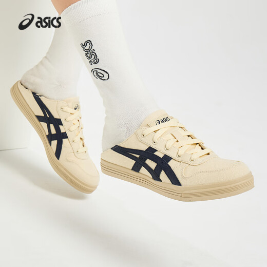 亚瑟士ASICS板鞋男女同款情侣一脚蹬帆布鞋休闲鞋运动鞋 AARON SLIP-ON 米色/藏青色 42.5