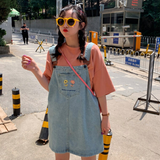 Sanshengxiao denim suspender skirt for women summer new Korean version student loose mid-length dress dress student small fresh blue S [recommended 80-100Jin [Jin equals 0.5 kg]]