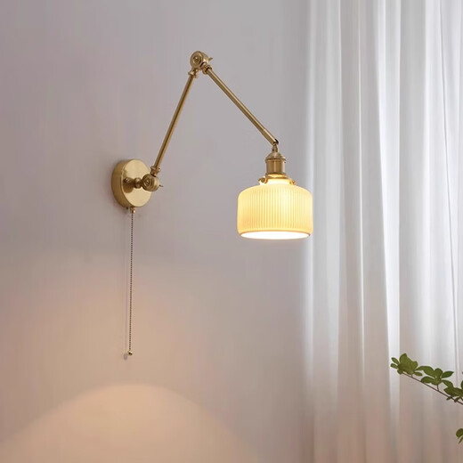 Zhongshuai Nordic Japanese Internet celebrity all-copper bedroom bedside folding rocker arm adjustable medieval wall lamp retro B&B study lamp solid wood chassis + all-copper rocker arm 2014 infinite dimming