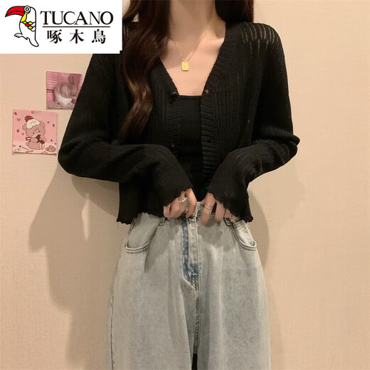 啄木鸟夏季针织衫女白色开衫外套长袖防晒衫显瘦短款衫外搭洋气上衣 白色 均码 建议80-125斤内
