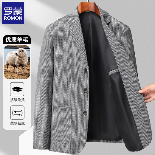 罗蒙（ROMON）免烫羊毛呢西服男士秋冬季新款毛呢外套男商务休闲西装男单西男装 2305-深蓝 厚款 4XL【180-200斤】