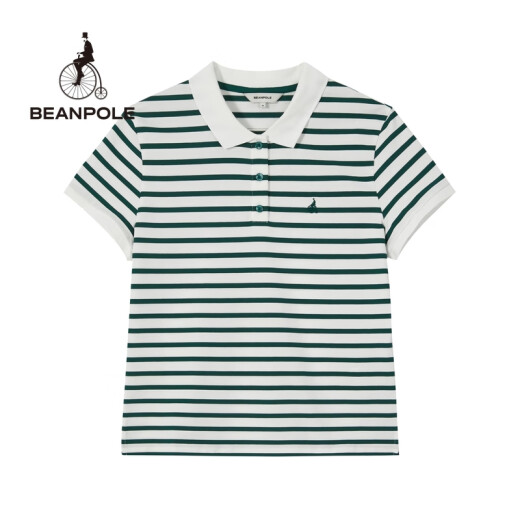 beanpole Binbo 2024 spring and summer new women's elegant deformation mint green striped short-sleeved POLO shirt navy blue 165/88AM