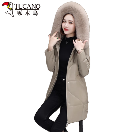 
Woodpecker 2024 new Haining leather down jacket Jurgent leather medium-length sheepskin fur jacket plus velvet thickened apricot color M [suggested Jin[Jin equals 0.5 kg]]