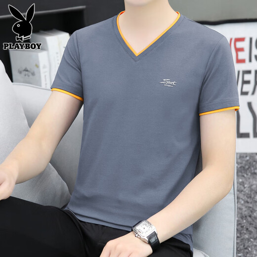 花花公子（PLAYBOY）短袖t恤男2025夏季新款潮流休闲百搭宽松v领上衣服男士纯色男装 691黑色 XL 推荐【126-140斤】