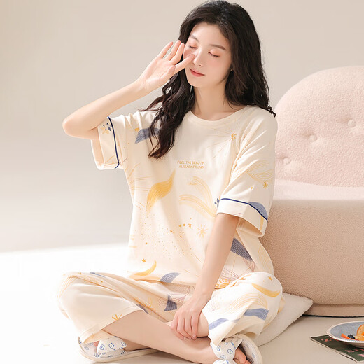 Odifen 100% Baumwoll antibakterielle Anti-Mitentiten Frauen-Pyjama Frauen reines Baumwoll kurzärmelige Heimkleidung Set Starry Sky Aprikosen L.