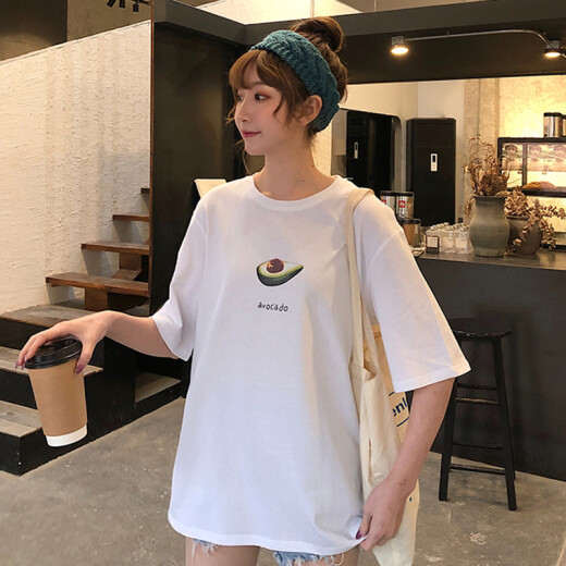 Langyue women's summer fashion short-sleeved T-shirt Korean style casual loose printed female student top mid-length half-sleeved bottoming shirt trendy LWTD2034T9 white avocado M