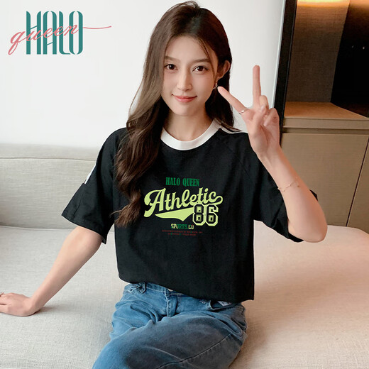 Halo Queen Lose T-Shirt Sport kurzärmelig T-Shirt Damen Sommerkontrastbriefdruck Top H143T1416