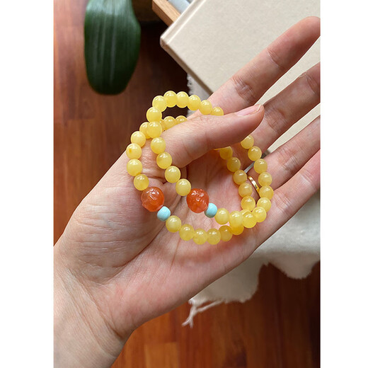 Longyin beeswax amber bracelet for women and men round bead single circle with turquoise and southern red Buddha head birthday gift YJ about 5.8mm