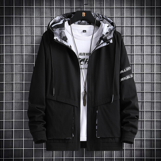 Binkley Autumn Jacket Men's Outerwear Men's Clothing Trendy Men's Workwear Casual Hooded Boys' Velvet Jacket Spring and Autumn Style Black XL (Recommended weight 115-130Jin Jin equals 0.5 kg)