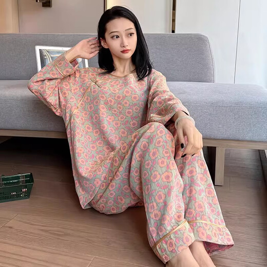 裁雨留虹胖mm睡衣女春秋大码复古中国风碎花棉纱家居服加肥加大200斤 yz16802 4XL  130-180斤