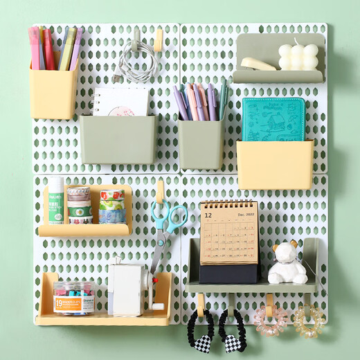 Perforated board storage rack dormitory punch-free wall hanging college student desk organizer desktop wall storage display accessories white bottom plate + white and yellow accessories (two sets) 1 layer