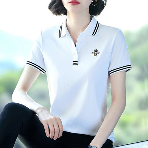 Woodpecker [pure cotton] short-sleeved T-shirt for women with large size summer new loose lapel POLO. shirt sports body 675 black POLO shirt XL Recommended 105-115Jin [Jin equals 0.5 kg]