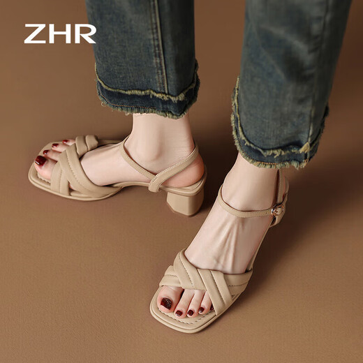 
ZHR Sandals for women in summer elegant one-length strap thick heels for women gentle solid color high heels for women Y683 apricot color 39