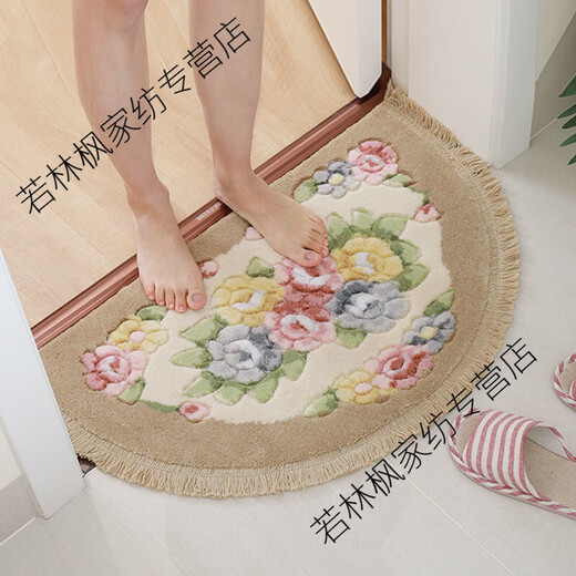 Xingwan semicircular floor mat bathroom semicircular floor mat room door mat toilet door door anti-slip absorbent foot mat living room field flocking flower cut tassel style-rose red 40x60CM (semicircle)