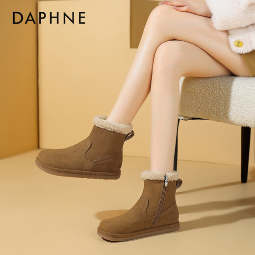 达芙妮（DAPHNE）雪地靴女冬季2024新款面包鞋厚底百搭靴子女加绒加厚棉鞋 驼色 跟高2.5cm 35 标准尺码