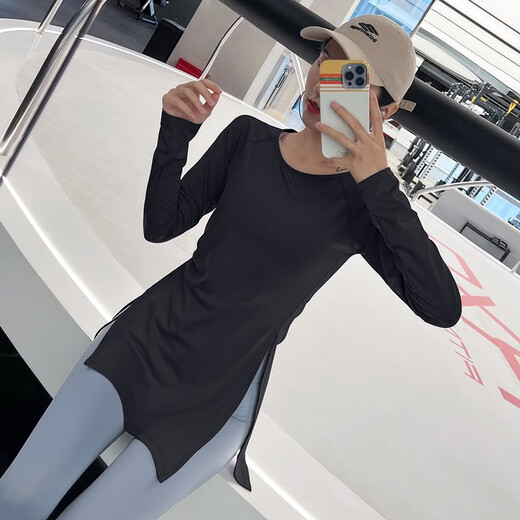 Aisunstyle long yoga wear women's running fitness cover-up Pilates training wear T-shirt tight sports top long-sleeved autumn and winter pink L size