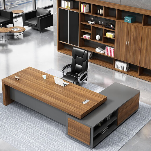 Grid wood boss desk executive desk office desk and chair combination simple modern president desk manager desk supervisor desk fashionable computer desk walnut color left cabinet 2.6*0.9 meters boss table + boss chair